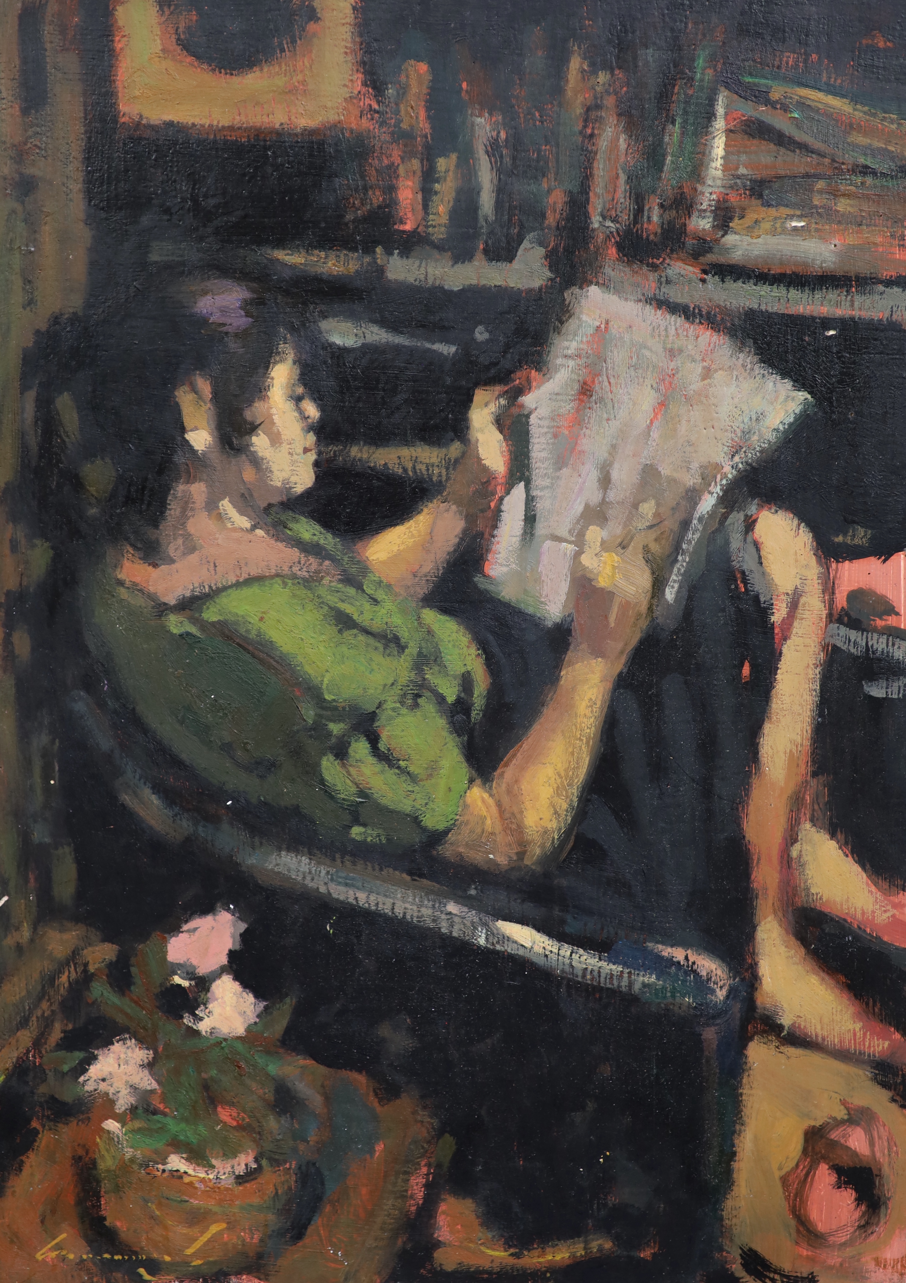 Ken Moroney (1949-2018), oil on board, Seated woman reading a newspaper, signed, 39 x 28cm, unframed